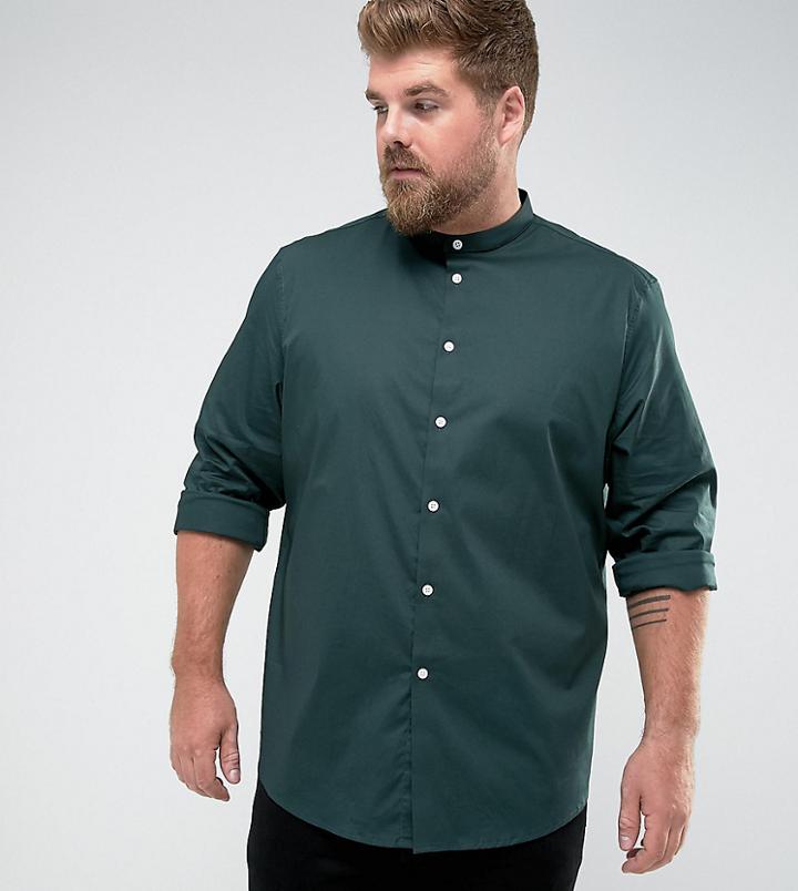 Asos Plus Stretch Regular Shirt In Teal With Grandad Collar - Green