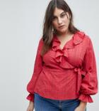 Fashion Union Plus Wrap Front Shirt With Ruffle Layer In Broderie - Red