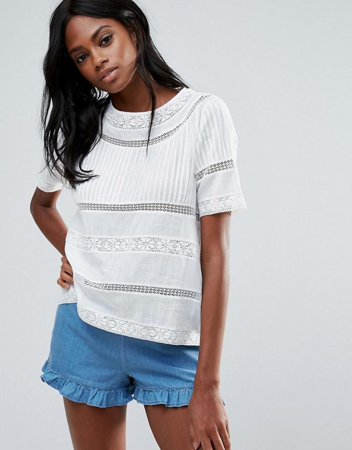 Vila Broderie Panel Smock Top - White