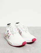 Adidas Originals Nmd R1 Sneakers In White With Floral Design And Pink Sole