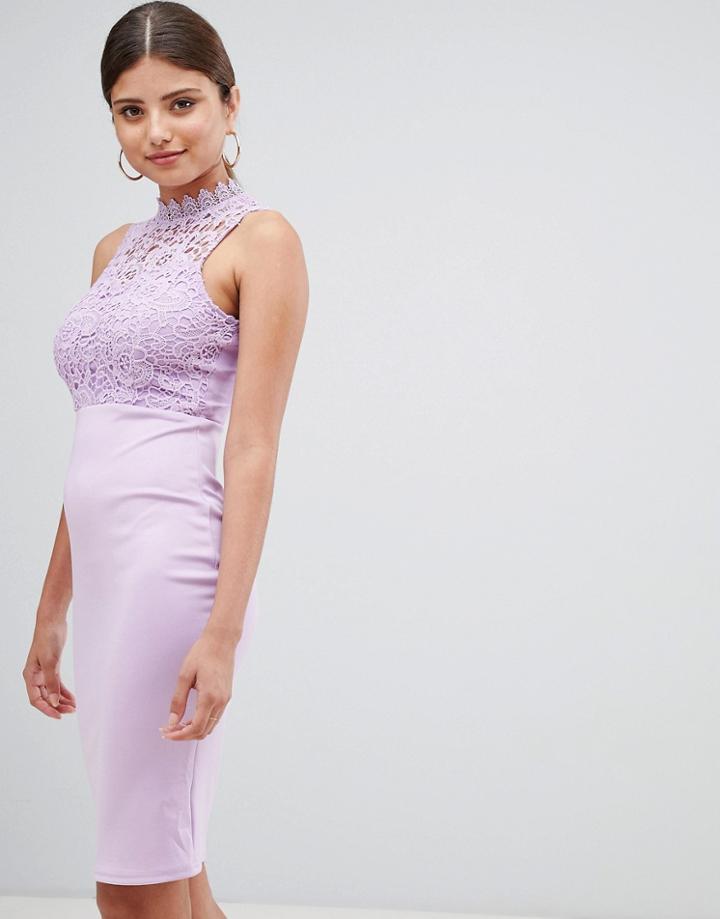 Ax Paris Lace Upper High Neck Midi Dress - Purple