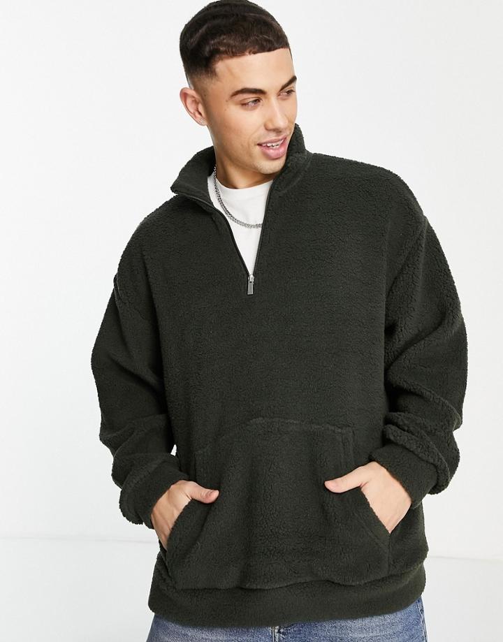 Only & Sons Quarter Zip Sherpa Sweatshirt In Dark Green