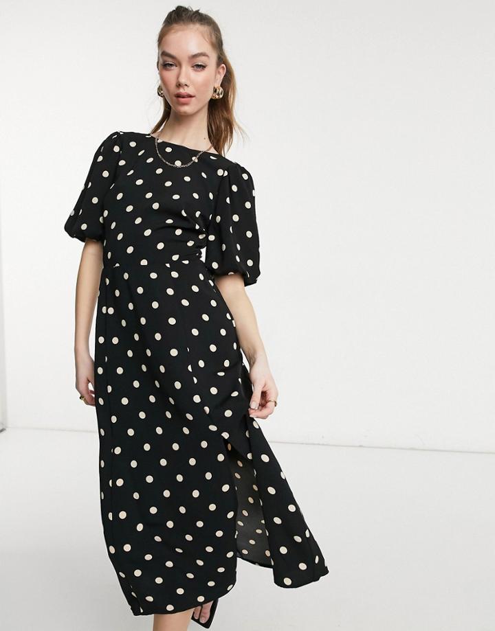 Warehouse Dot Puff Sleeve Midi Dress In Black-multi