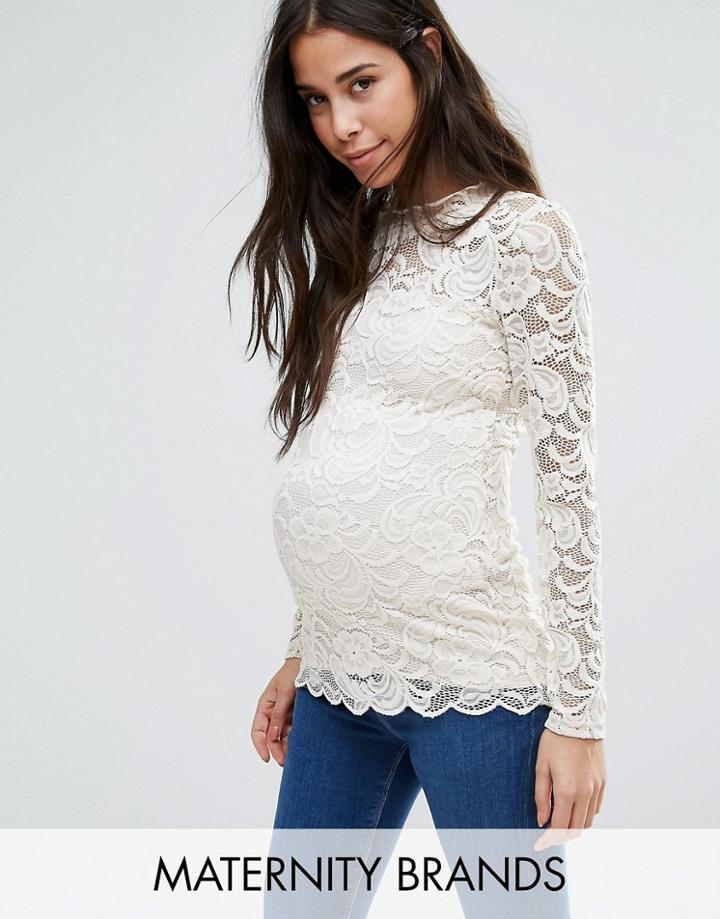 Mama. Licious Long Sleeve Lace Top - Cream