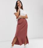 Asos Design Petite Bias Cut Satin Midi Skirt With Splits - Brown
