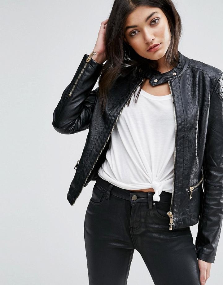 Jasmine Faux Leather Biker Jacket - Black