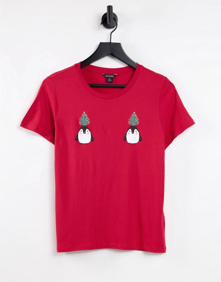 Monki Organic Cotton Christmas Penguin Print T-shirt In Red
