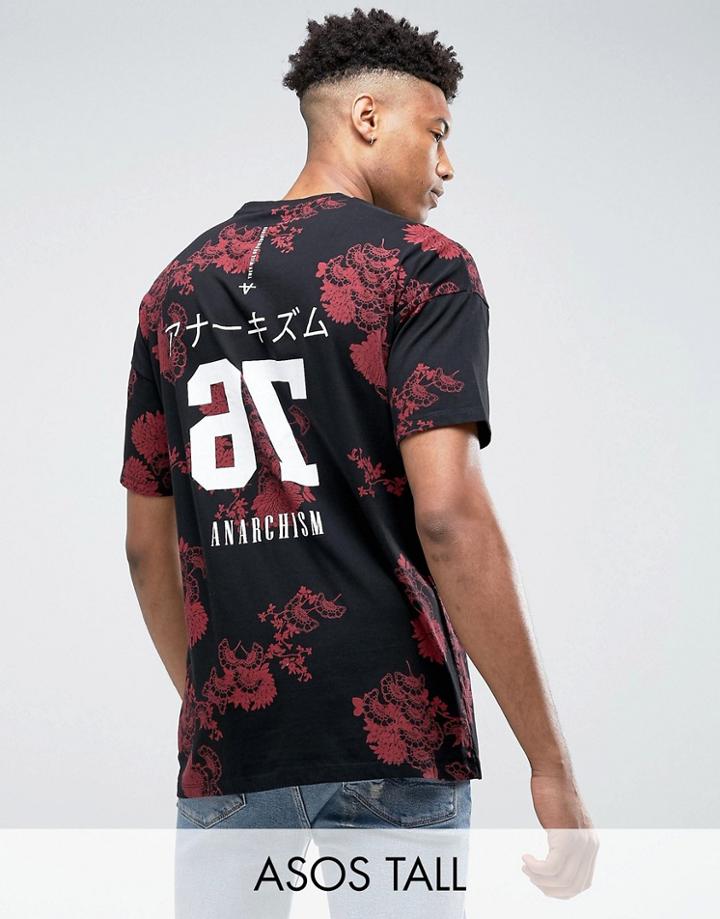 Asos Tall Oversized Longline T-shirt With Floral All Over Print And Text Back Print - Black