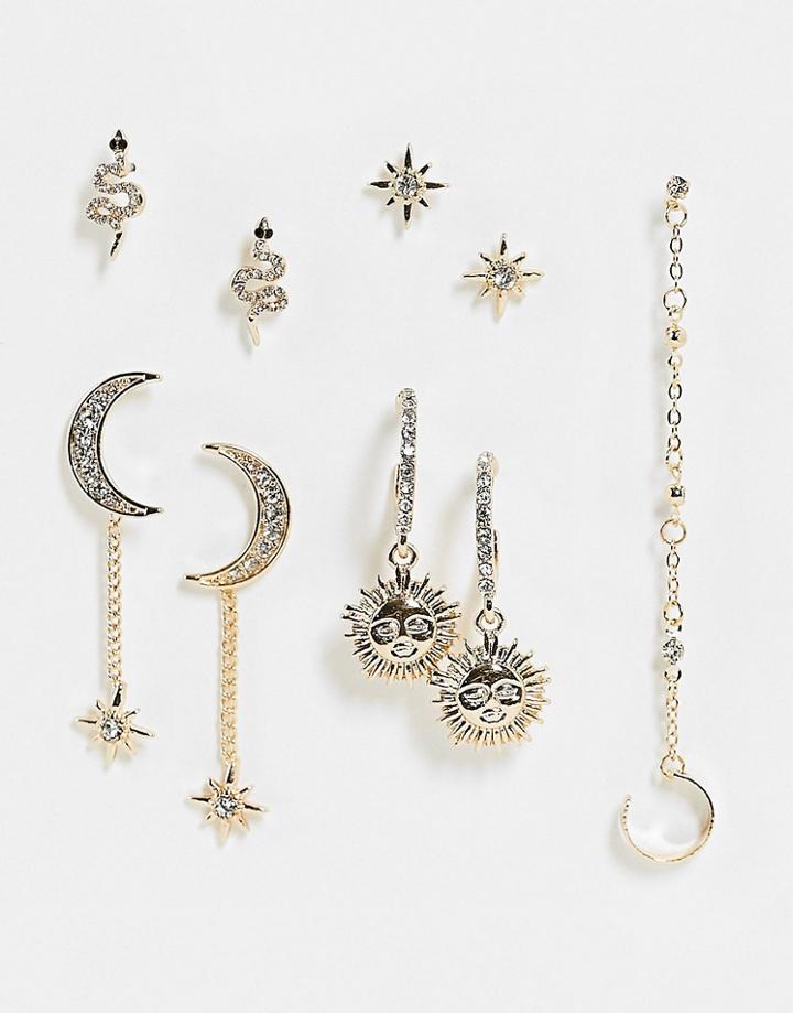 Asos Design 6-pack Earrings With Mixed Celestial Designs In Gold Tone