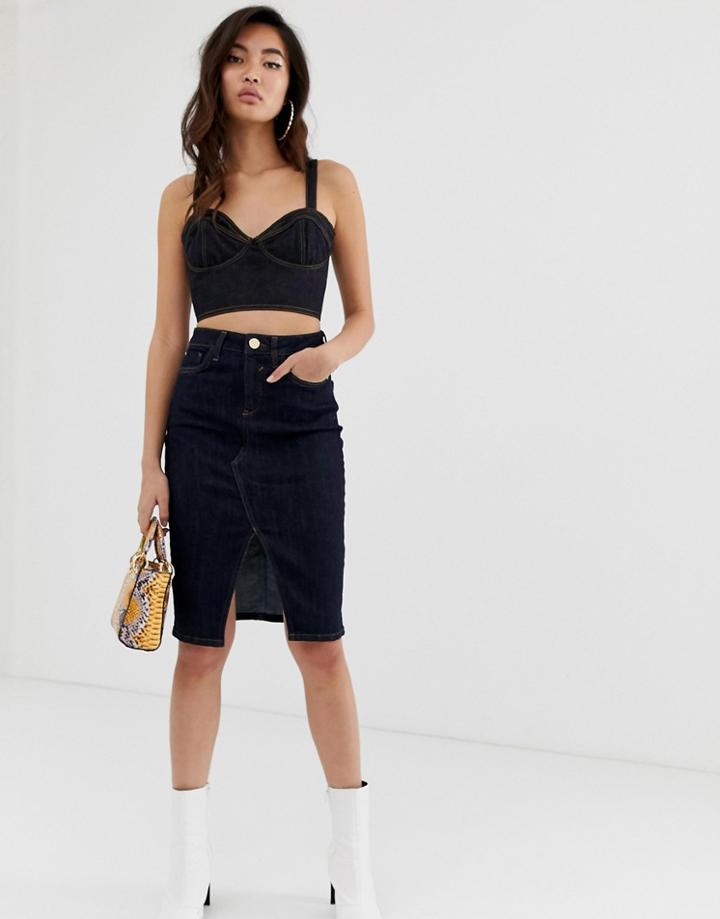 River Island Denim Midi Pencil Skirt In Raw Wash-brown