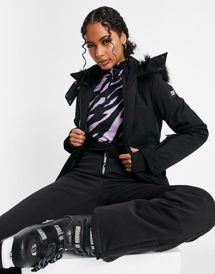 Asos 4505 Ski Belted Jacket With Faux Fur Hood-black