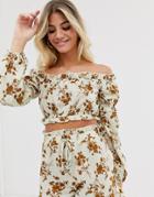 In The Style X Dani Dyer Long Sleeve Crop Top In Cream Floral Print-multi