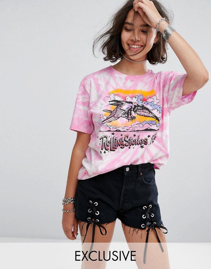 Reclaimed Vintage Inspired Festival Tie-dye T-shirt With Rolling Stones Tour Print - Pink