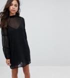 Lost Ink Petite High Neck Swing Dress With Gathered Sleeves - Black