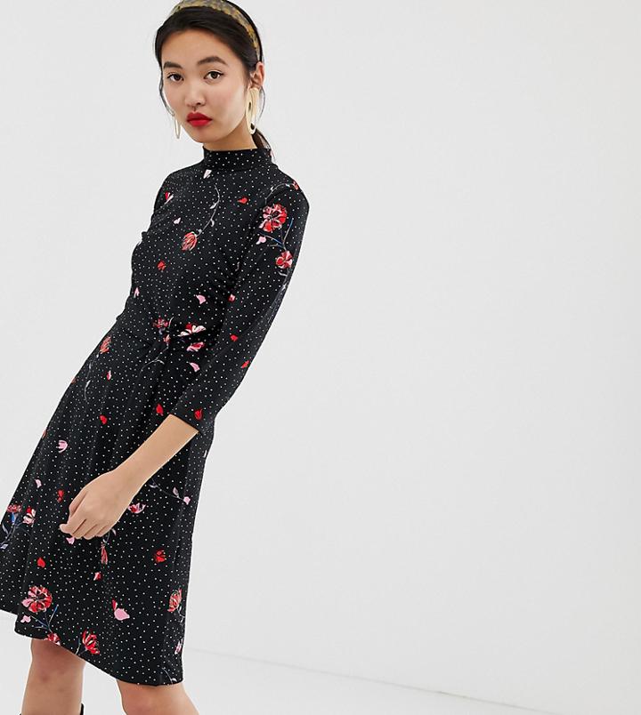 Warehouse Skater Dress In Mixed Print - Black