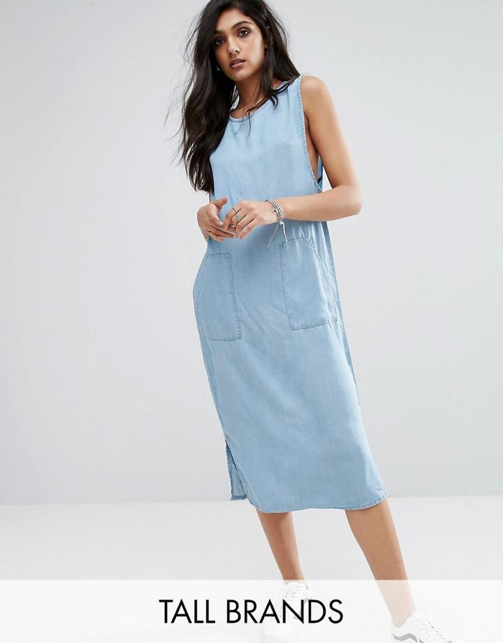 Noisy May Tall Denim Chambray Midi Shift Dress - Blue