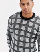 Only & Sons Grid Check Crew Neck Knitted Sweater In Black