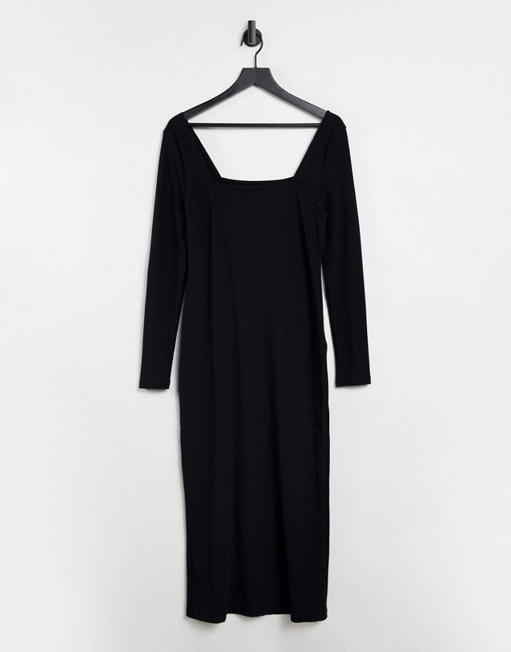Asos Design Square Neck Ribbed Midi Dress With Split In Black