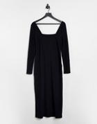 Asos Design Square Neck Ribbed Midi Dress With Split In Black