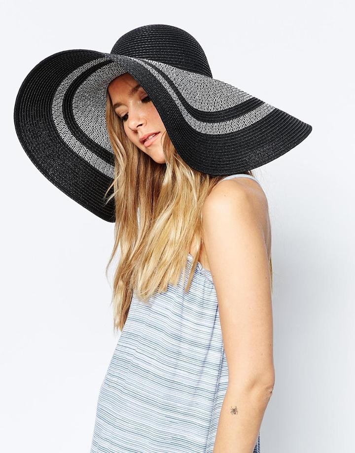 Asos Straw Oversized Floppy Hat In Mono Color Block Stripe - Mono
