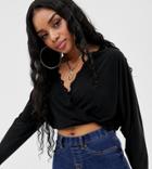 Asos Design Petite Batwing Wrap Top With Lace Trim - Black