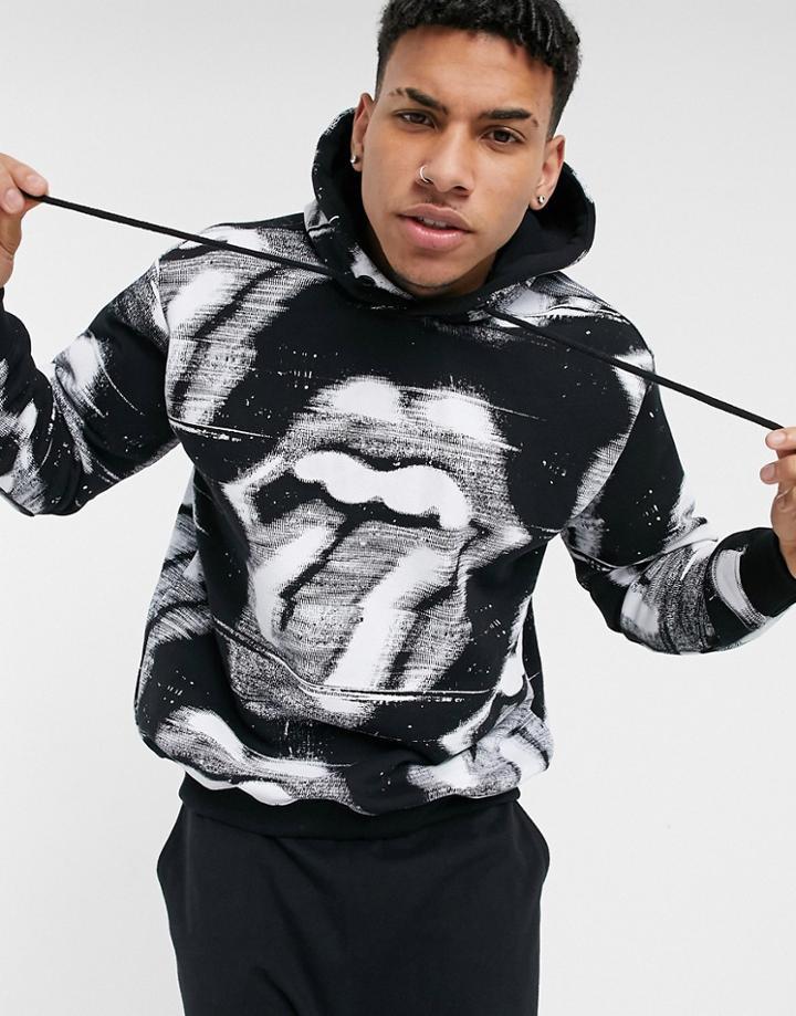 Pull & Bear Rolling Stones Teddie Hoodie In Black-blues
