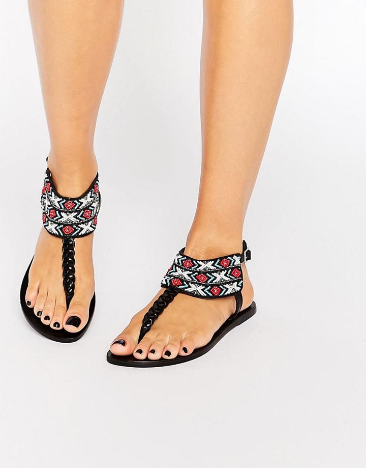 Pieces Carol Black Beaded Leather Flat Sandals - Black