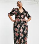 Asos Design Curve Lace Insert Button Through Midi Tea Dress In Black Floral Satin Print-multi