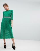 Asos Midi Lace Tea Dress With Sports Tipping - Green