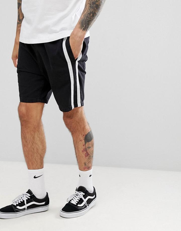 Asos Design Denim Shorts In Relaxed Fit Washed Black With Side Stripe - Blue