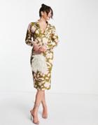 Asos Design Khaki Shadow Floral Midi Pencil Dress-multi