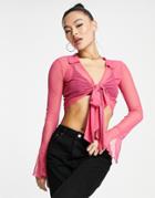 Asos Design Tie Front Mesh Top In Hot Pink