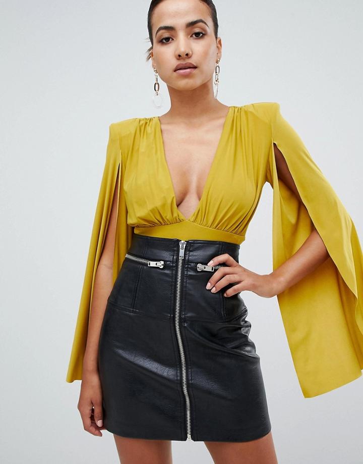 Club L Cape Sleeve V Neck Body - Yellow
