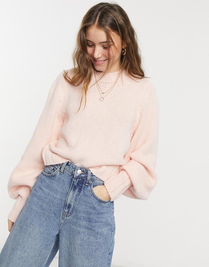 Asos Design Boxy Sweater With Volume Sleeve And Rib Cuffs In Light Pink