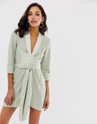 Asos Design Mini Tux Dress With Ruched Sleeve-green
