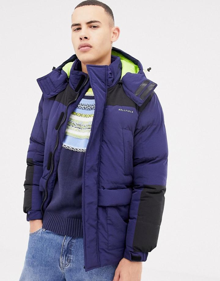 Bellfield Hooded Puffer Jacket With Color Block - Navy