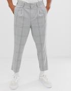 Asos Design Tapered Crop Smart Pants In Oversized Minimal Check With Elasticated Waist In Gray - Gray