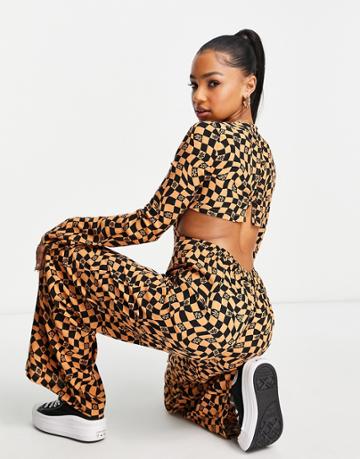 Asos Design Button Back Jumpsuit In Checkerboard Print-multi