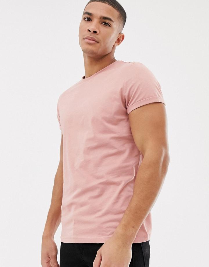 Asos Design T-shirt With Crew Neck And Roll Sleeve In Pink - Pink