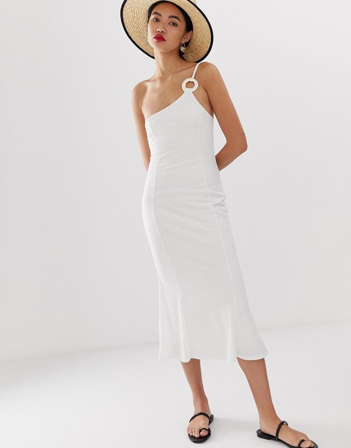 Lost Ink One Shoulder Midi Dress In Fine Rib-white