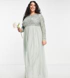 Maya Plus Bridesmaid Long Sleeve Maxi Tulle Dress With Tonal Delicate Sequin In Sage Green