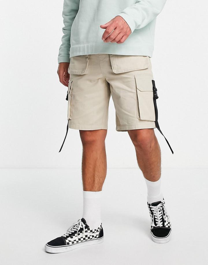 Topman Longline Webbing Cargo Shorts In Ecru-white