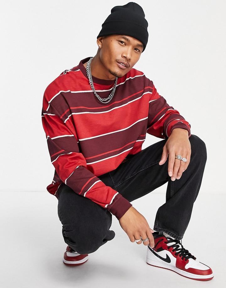 Asos Design Oversized Long Sleeve Stripe T-shirt In Red