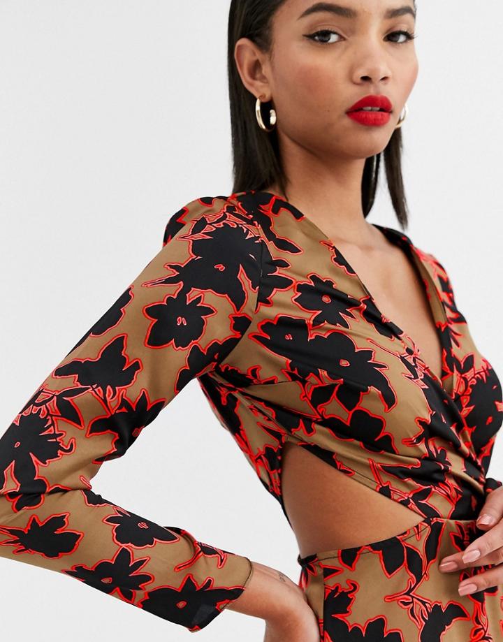 Asos Design Wrap Midi Dress With Cut Out Side In Floral Print-multi