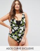 Asos Curve Riviera Print Supportive Swimsuit With Mesh Insert - Multi