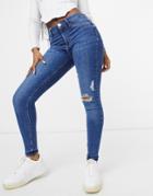 River Island Molly Ripped Skinny Jeans In Mid Authentic Blue-blues