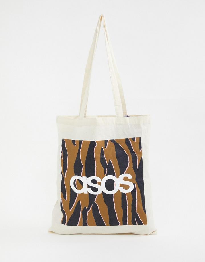 Asos Design Shopper In Tiger Print - Beige