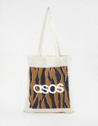 Asos Design Shopper In Tiger Print - Beige