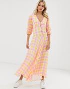 Ghost Check Print Midi Dress With Puff Sleeves - Multi