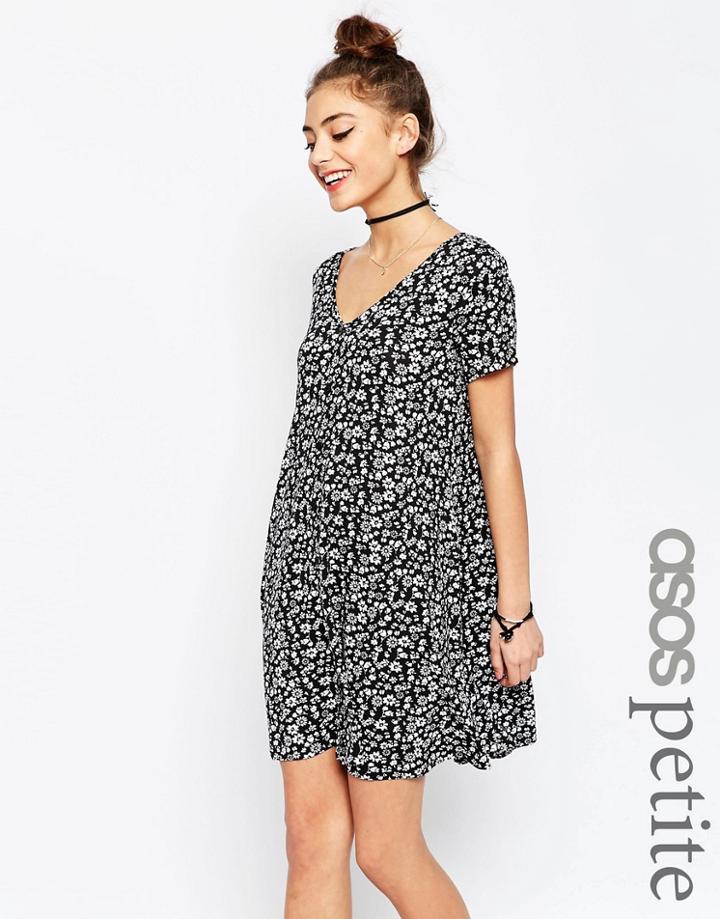 Asos Petite Button Through Swing Dress In 90's Ditzy Print - Mono